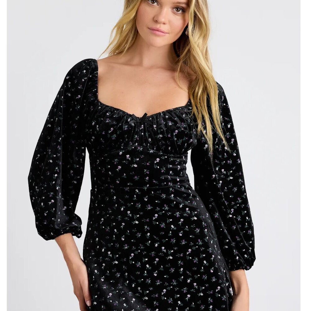 Lulus Adored Perfection Black Floral Velvet Balloon Sleeve Mini Dress - Size S - Picture 3 of 3